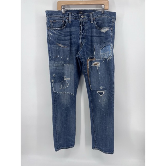 Polo Ralph Lauren Distressed Blue Jeans 36x32  Sullivan Slim Denim Patchwork - Picture 1 of 9